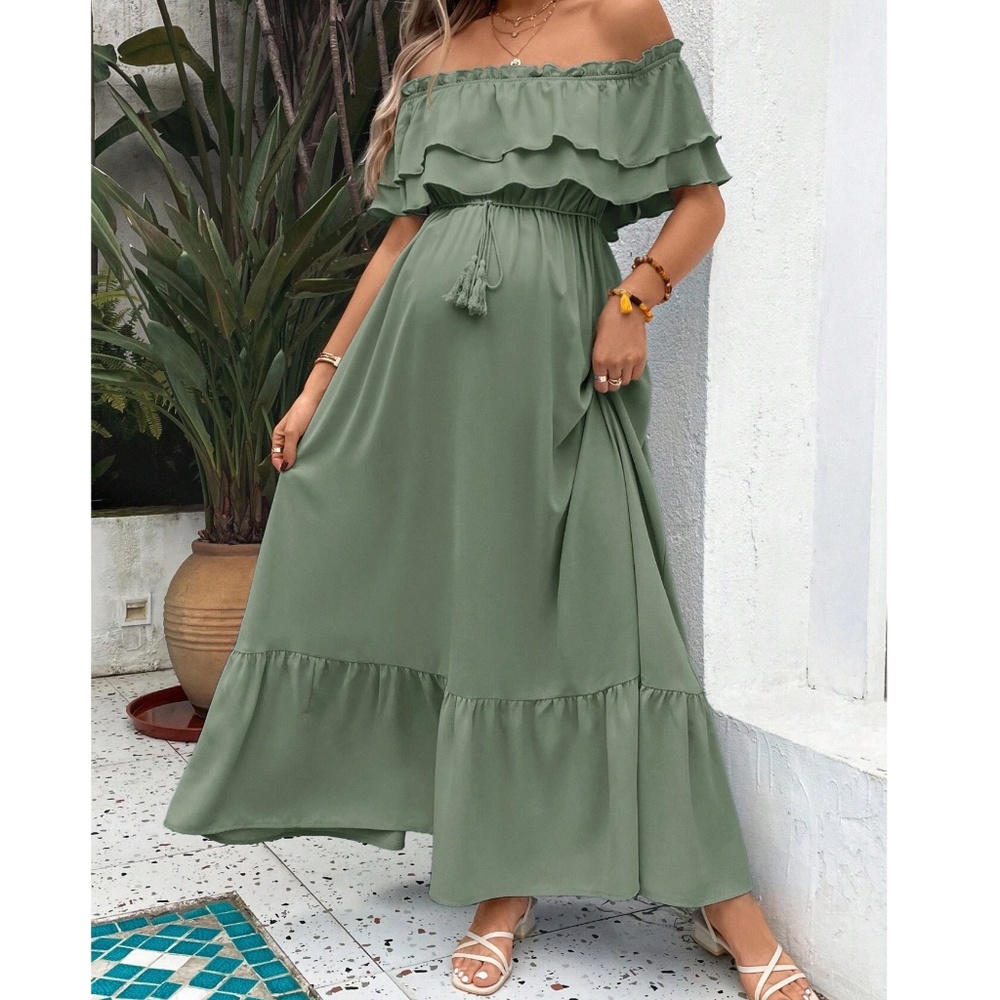 Maternity Off Shoulder ruffle Hem Stretchy Waist Maxi Dress - Picture 1 of 8